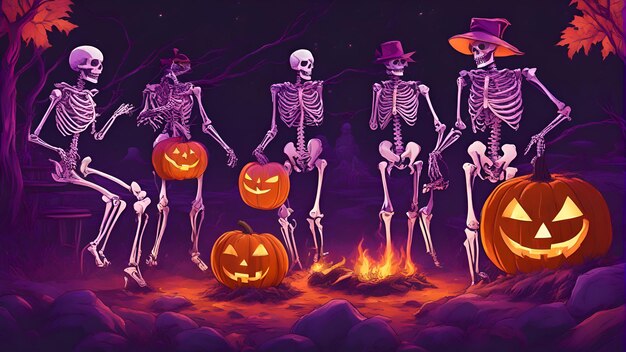 Foto fondo de halloween con esqueleto y calabazas ilustración de dibujos animados vectoriales