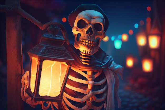 Fondo de halloween con esqueleto y linterna generativa ai