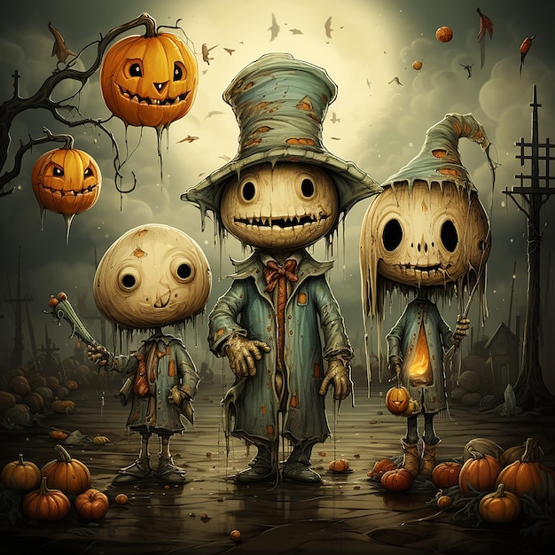 Fondo de Halloween fantásticas criaturas depredadoras malvadas con sombreros negros y calabazas de Halloween aterradoras