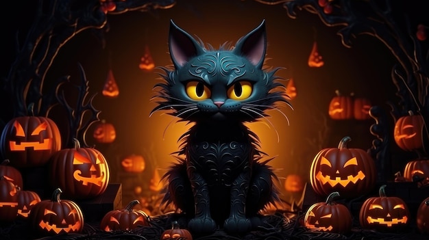 Fondo de Halloween con gato negro y calabazas