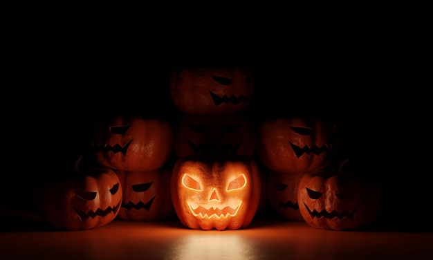 Fondo de Halloween con un grupo de calabazas Jack O Lantern ilustración 3D