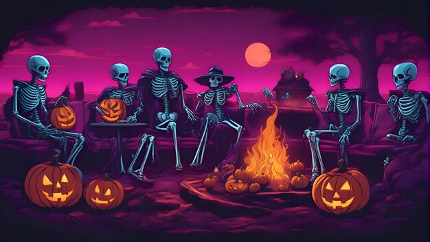 Foto fondo de halloween con un grupo de esqueletos y calabazas ilustración