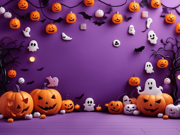 Fondo de Halloween con íconos de Halloween como una calabaza Jack o Lantern y un fantasma, etc.
