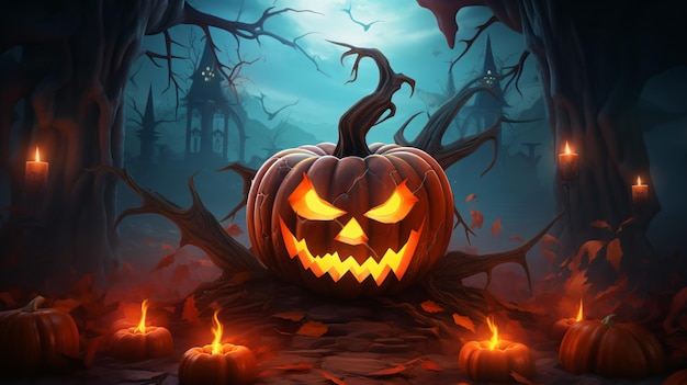 Fondo de Halloween Ilustración 3D Calabaza espeluznante