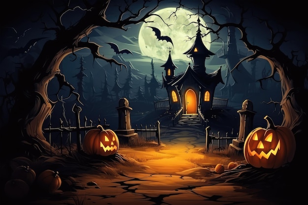 Fondo de Halloween con ilustración de calabazas y murciélagos de casa embrujada