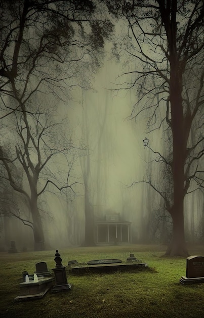 Fondo de Halloween, ilustración digital de una casa embrujada victoriana en un denso bosque espeluznante