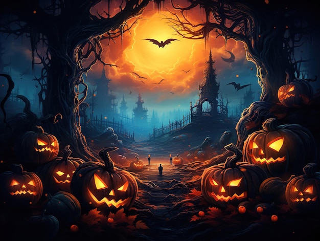 Fondo de Halloween Jack o linterna telón de fondo de un castillo místico y un bosque sombrío Generativo ai