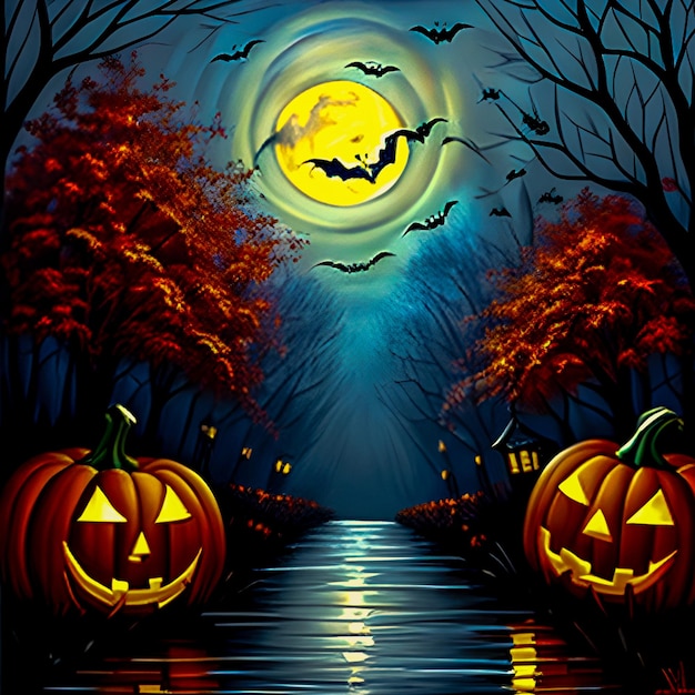 Fondo de Halloween Jack o linternas en el río con la luz de la luna
