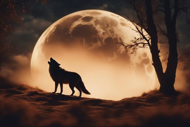 Fondo de Halloween con un lobo aullando contra la luna