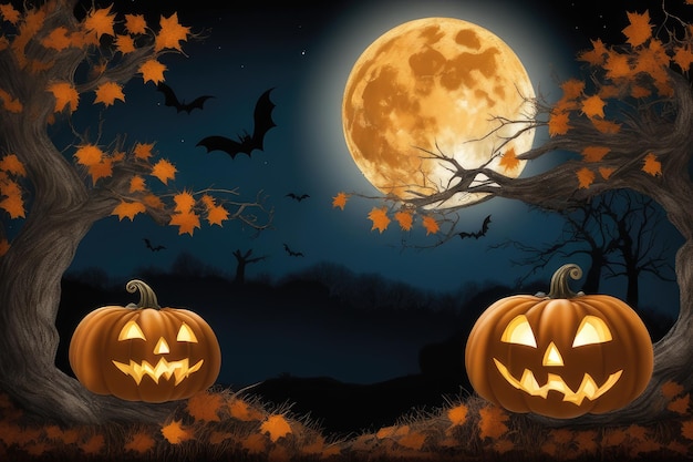 fondo de halloween con luna de calabaza y murciélagos