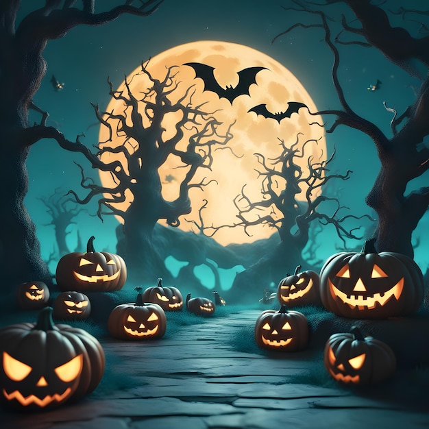 Fondo de Halloween con luna llena y calabazas Ai Generado