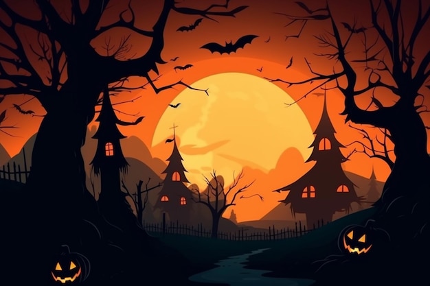 Un fondo de halloween con luna llena y calabazas