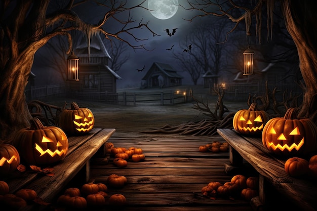 Fondo de Halloween con misterioso cementerio, árboles desnudos, tumbas, murciélagos y espacio vacío