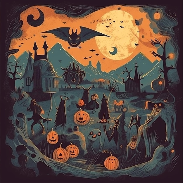 Fondo de Halloween negro sombrío castillo gótico en la isla calabazas criaturas de fantasía fantasmas