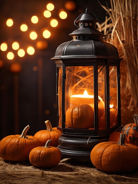 Foto fondo de halloween o acción de gracias con calabazas de otoño frescas en paja encendidas por una linterna en llamas