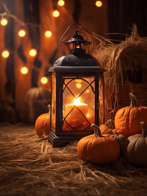 Fondo de Halloween o Acción de Gracias con calabazas de otoño frescas en paja encendidas por una linterna en llamas