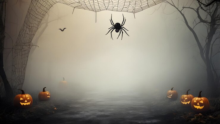Fondo de Halloween de otoño con telas de araña arañas y calabazas