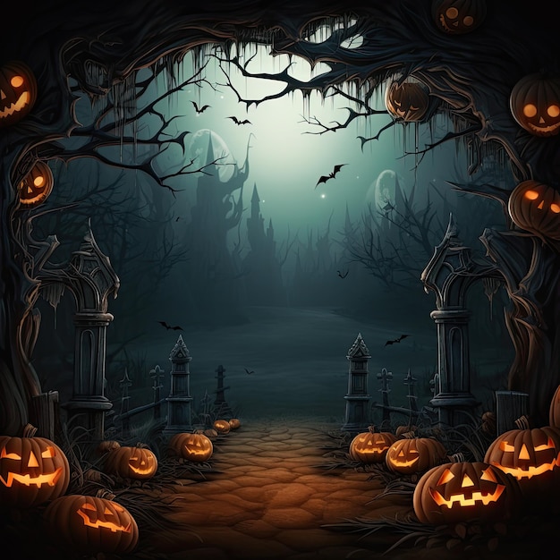 Fondo de Halloween con paisaje espeluznante con árboles y calabazas