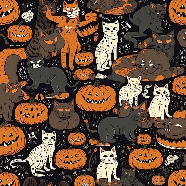 Fondo de Halloween con un patrón de gatitos y calabazas en un estilo vintage IA generativa