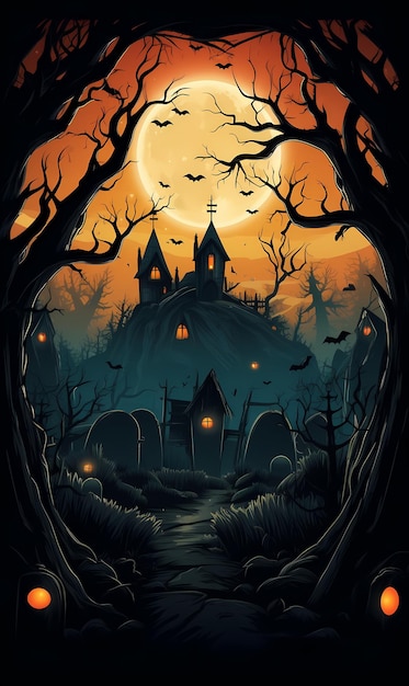 Fondo de Halloween con tumbas árboles murciélagos lápidas gravey generado ai