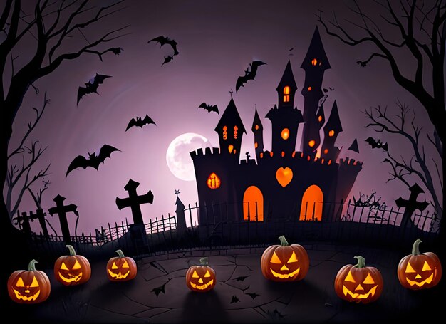 Fondo de Halloween con velas de calabazas de miedo en el cementerio por la noche con un fondo de castillo