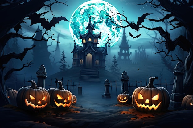 Fondo de Halloween con velas de calabazas de miedo en el cementerio por la noche con un fondo de castillo