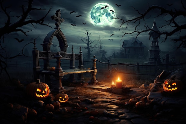 Fondo de Halloween con velas de calabazas de miedo en el cementerio por la noche