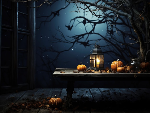 Fondo de Halloween Vieja mesa con velas y ramas en una noche espeluznante con generativa Ai