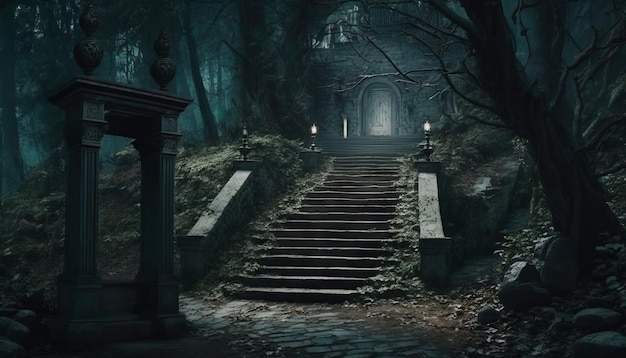 Fondo de Halloween con viejas escaleras de piedra y bosque oscuro aterrador IA generativa