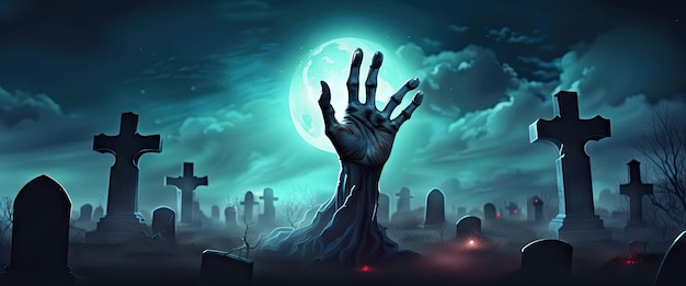 Fondo de Halloween con zombies y la luna en el cementerio estandarte oscuro