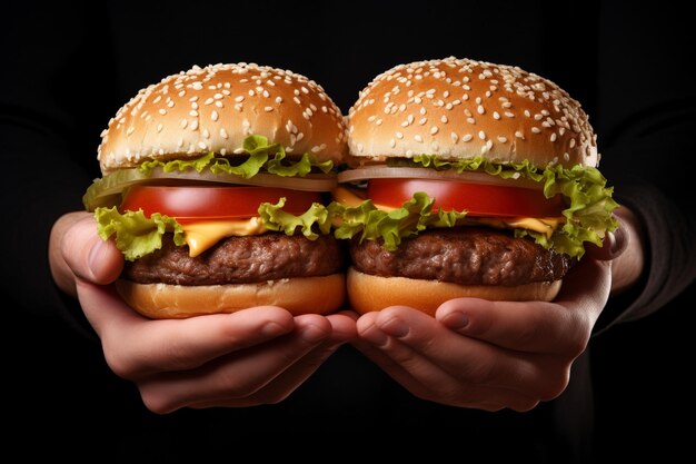 Foto el fondo de una hamburguesa doble en la mano