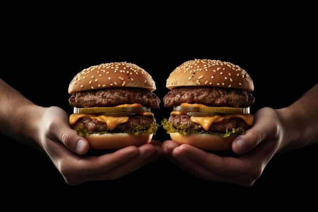 Foto el fondo de una hamburguesa doble en la mano