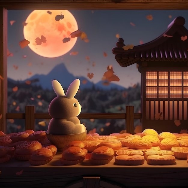 Un fondo con hanok y conejos