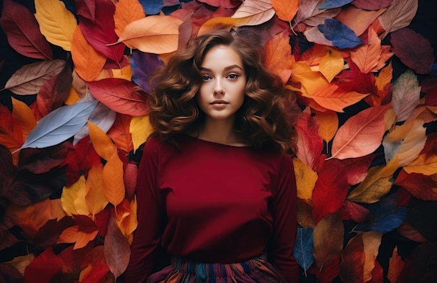 El fondo de una hermosa mujer rodeada de hojas coloridas una ilustración ideal para representar el otoño IA creativa