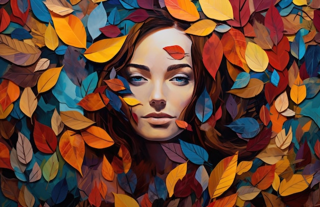 El fondo de una hermosa mujer rodeada de hojas coloridas una ilustración ideal para representar el otoño IA creativa