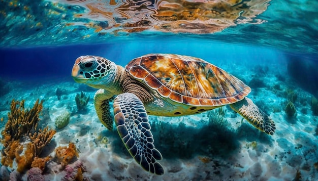 Foto fondo de una hermosa tortuga fotografiada en un buceo ai generativo