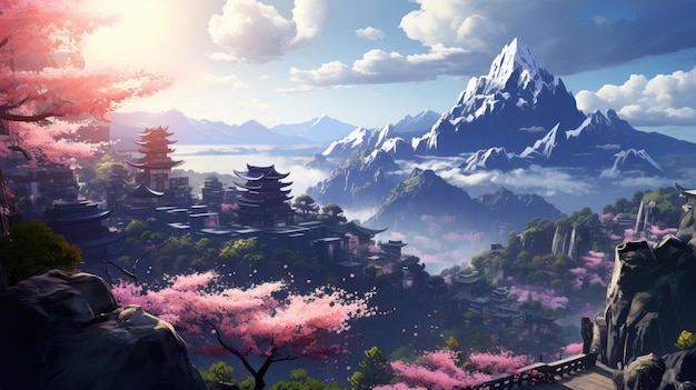 Fondo hermoso del paisaje del anime de la fantasía