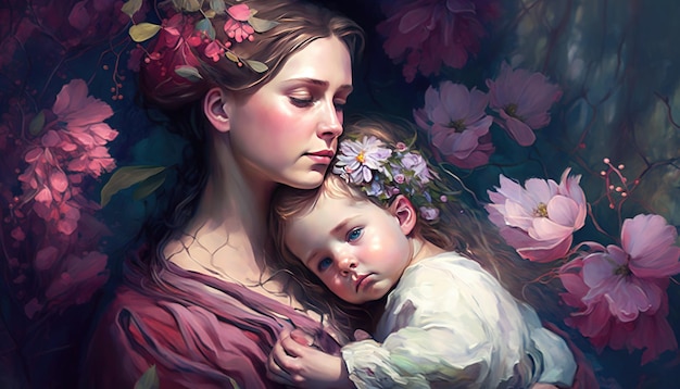 Fondo hermoso de la pintura del día de la madre de mamá y su hijo