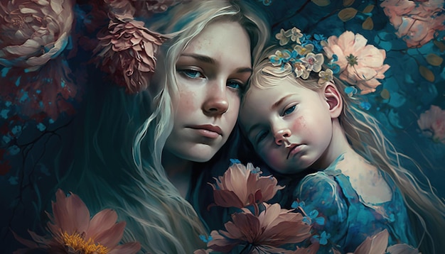 Fondo hermoso de la pintura del día de la madre de mamá y su hijo