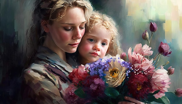 Fondo hermoso de la pintura del día de la madre de mamá y su hijo