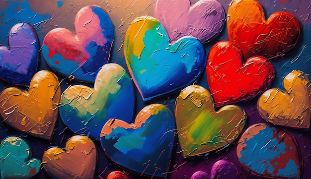 Fondo de hermosos corazones de colores en pintura al óleo día de la madre día de San Valentín