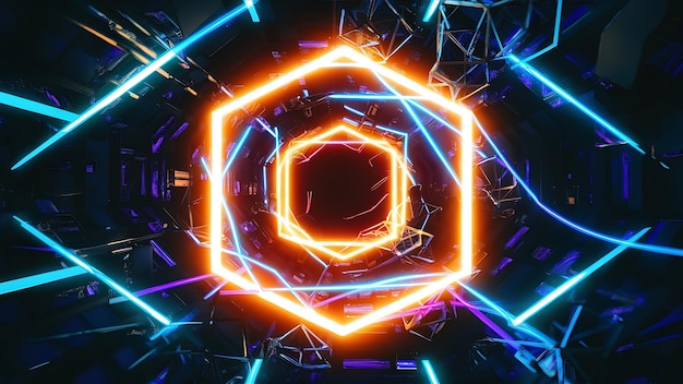 Fondo hexagonal abstracto y futurista con efecto de neón colorido y brillante Fondo de tecnología moderna