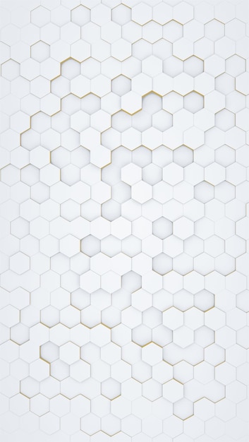 Fondo hexagonal blanco y dorado. concepto de panal. Ilustración 3D. Tamaño vertical.