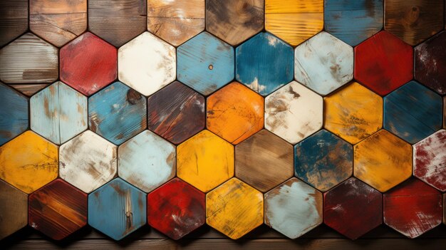 Fondo de hexágonos de madera hechos de madera en tonos amarillo turquesa y rojo Foto de alta calidad