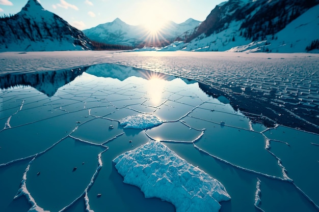 Fondo de hielo abstracto lago congelado en las montañas de invierno