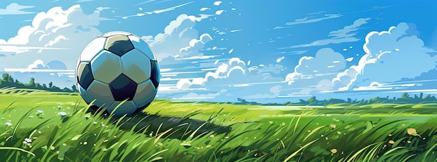 un fondo de hierba verde con una pelota de fútbol en el estilo de los cielos azules realistas