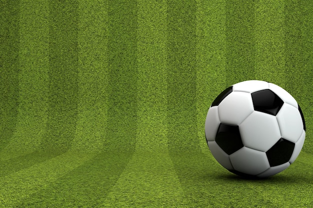 Fondo de hierba verde rayado con un balón de fútbol 3D Rendering