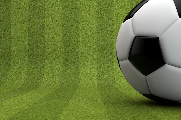 Foto fondo de hierba verde rayado con un balón de fútbol 3d rendering