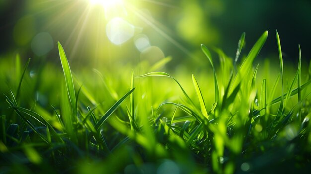 El fondo de hierba verde con rayos de sol y bokeh de cerca