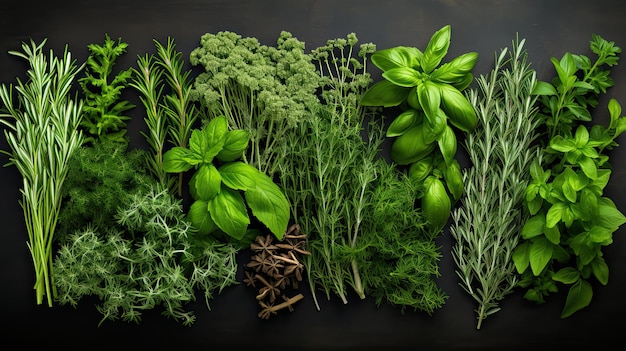 Fondo de hierbas frescas saludables con plantas herbarias de albahaca verde, romero, tomillo, menta y eneldo